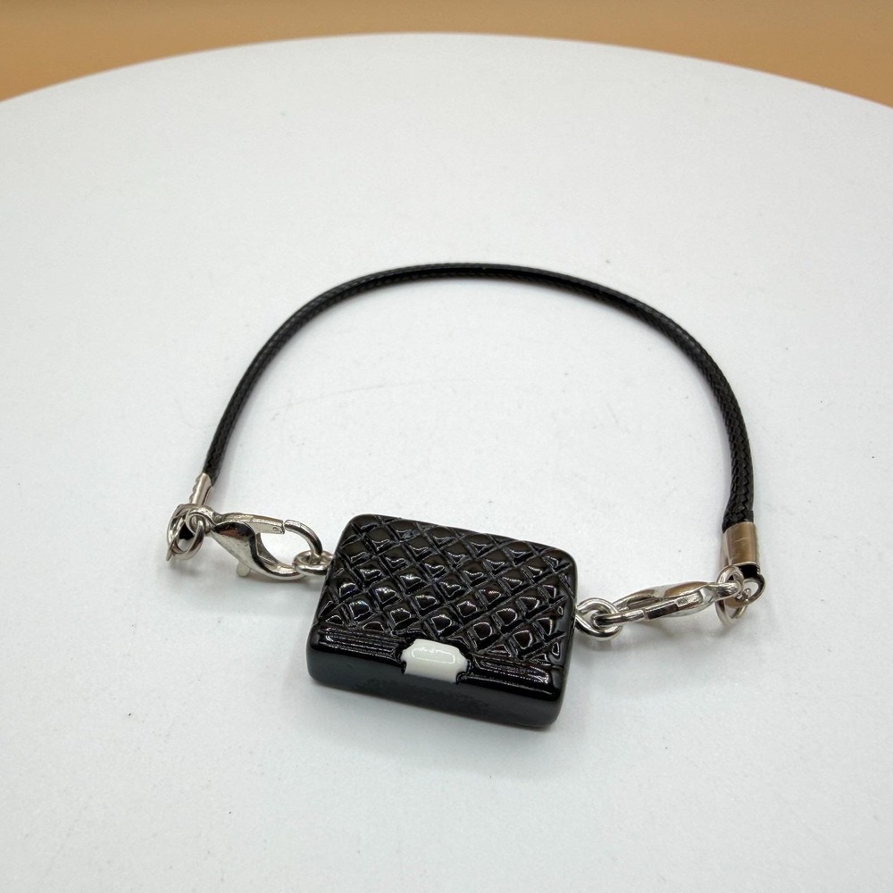 Black Handbag Purse Charm Bracelet Silver Tone Cord Fashion Statement Jewelry